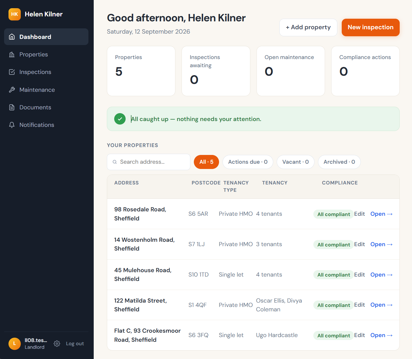 The HOMEi PM landlord dashboard showing properties, inspections awaiting, open maintenance and compliance actions