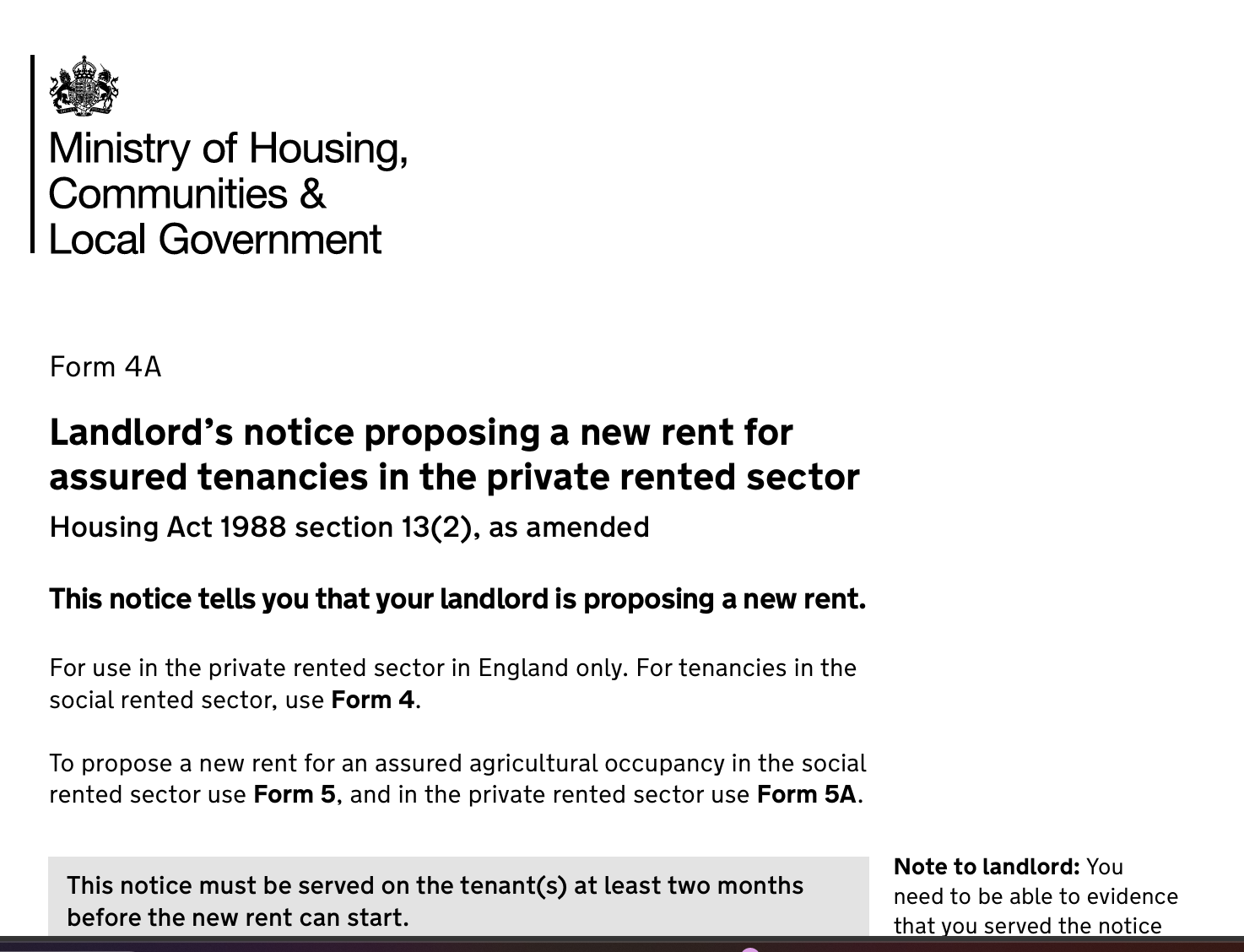 Form 4A, the landlord's notice proposing a new rent for assured tenancies in the private rented sector, under Housing Act 1988 section 13(2)