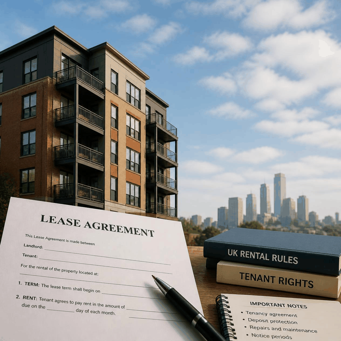 A lease agreement and pen on a desk, with books on UK rental rules and tenant rights and an apartment block behind